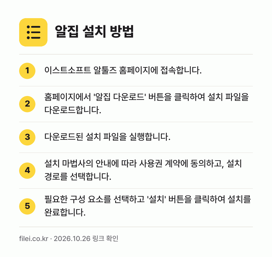 알집 설치 방법: 이스트소프트 알툴즈 홈페이지에 접속합니다. → 홈페이지에서 '알집 다운로드' 버튼을 클릭… → 다운로드된 설치 파일을 실행합니다. → 설치 마법사의 안내에 따라 사용권 계약에… → 필요한 구성 요소를 선택하고 '설치' 버튼…