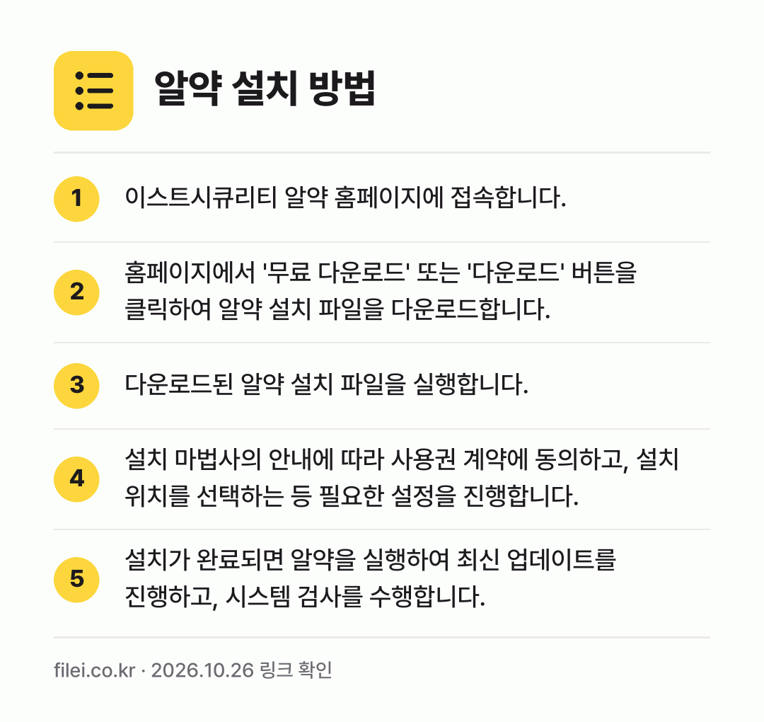 알약 설치 방법: 이스트시큐리티 알약 홈페이지에 접속합니다. → 홈페이지에서 '무료 다운로드' 또는 '다운… → 다운로드된 알약 설치 파일을 실행합니다. → 설치 마법사의 안내에 따라 사용권 계약에… → 설치가 완료되면 알약을 실행하여 최신 업데…
