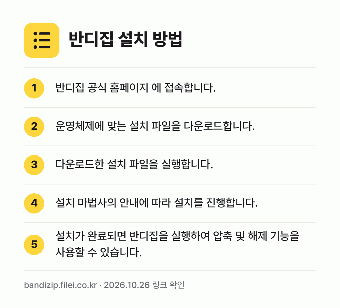 반디집 설치 방법: 반디집 공식 홈페이지 에 접속합니다. → 운영체제에 맞는 설치 파일을 다운로드합니다. → 다운로드한 설치 파일을 실행합니다. → 설치 마법사의 안내에 따라 설치를 진행합니… → 설치가 완료되면 반디집을 실행하여 압축 및…