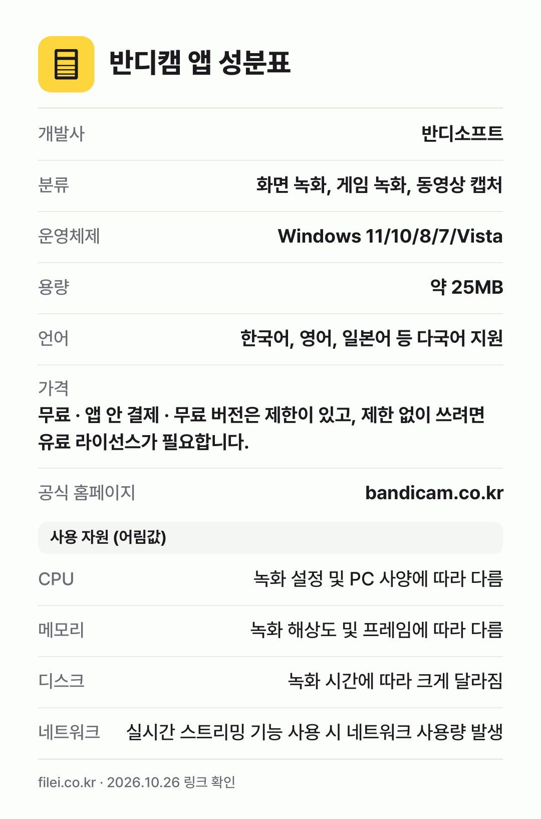 반디캠 앱 성분표: 개발사 반디소프트, 분류 화면 녹화, 게임 녹화, 동영상 캡처, 운영체제 Windows 11/10/8/7/Vista, 용량 약 25MB, 언어 한국어, 영어, 일본어 등 다국어 지원