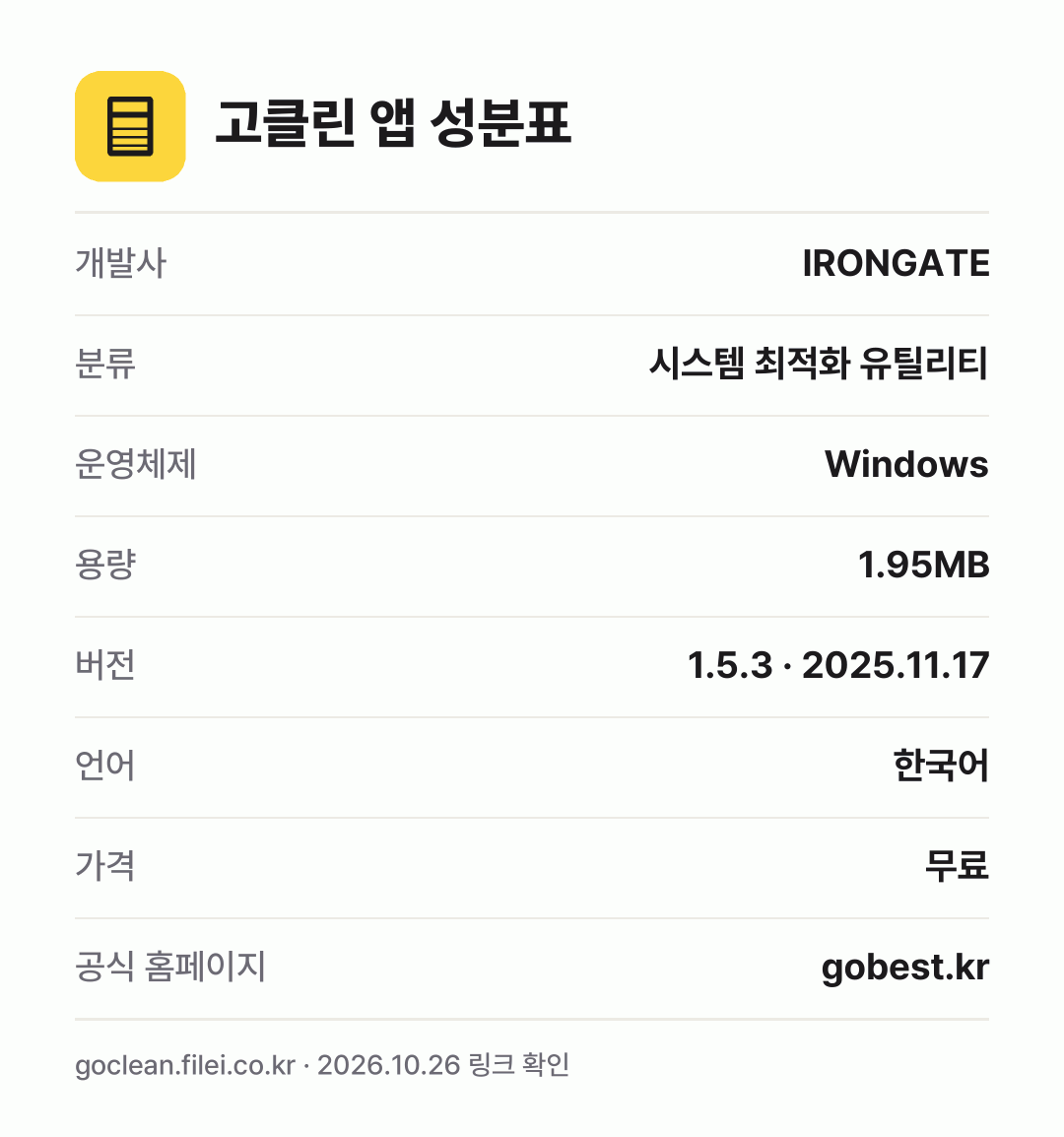 고클린 앱 성분표: 개발사 IRONGATE, 분류 시스템 최적화 유틸리티, 운영체제 Windows, 용량 1.95MB, 버전 1.5.3 · 2025.11.17