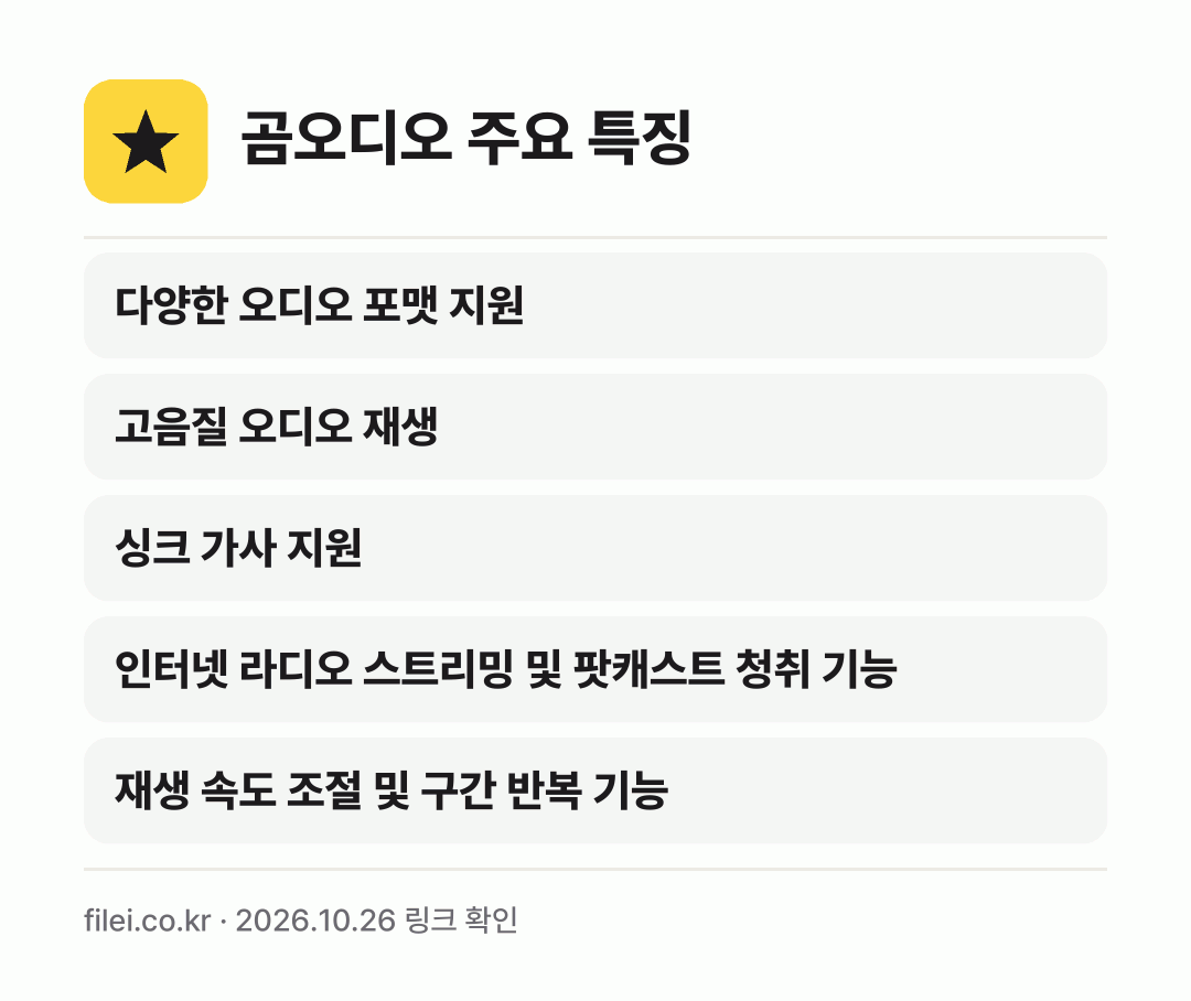 곰오디오 주요 특징: 다양한 오디오 포맷 지원, 고음질 오디오 재생, 싱크 가사 지원, 인터넷 라디오 스트리밍 및 팟캐스트 청취 기능, 재생 속도 조절 및 구간 반복 기능