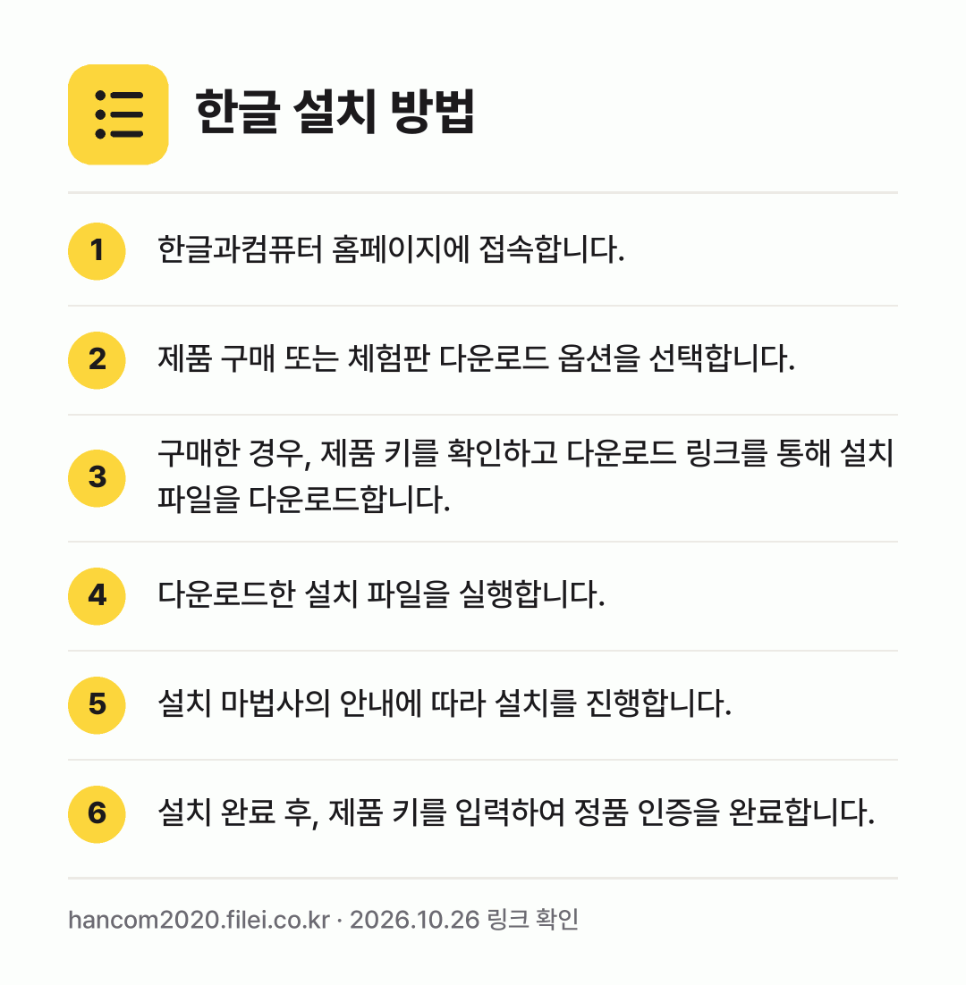 한글 설치 방법: 한글과컴퓨터 홈페이지에 접속합니다. → 제품 구매 또는 체험판 다운로드 옵션을 선… → 구매한 경우, 제품 키를 확인하고 다운로드… → 다운로드한 설치 파일을 실행합니다. → 설치 마법사의 안내에 따라 설치를 진행합니… → 설치 완료 후, 제품 키를 입력하여 정품…