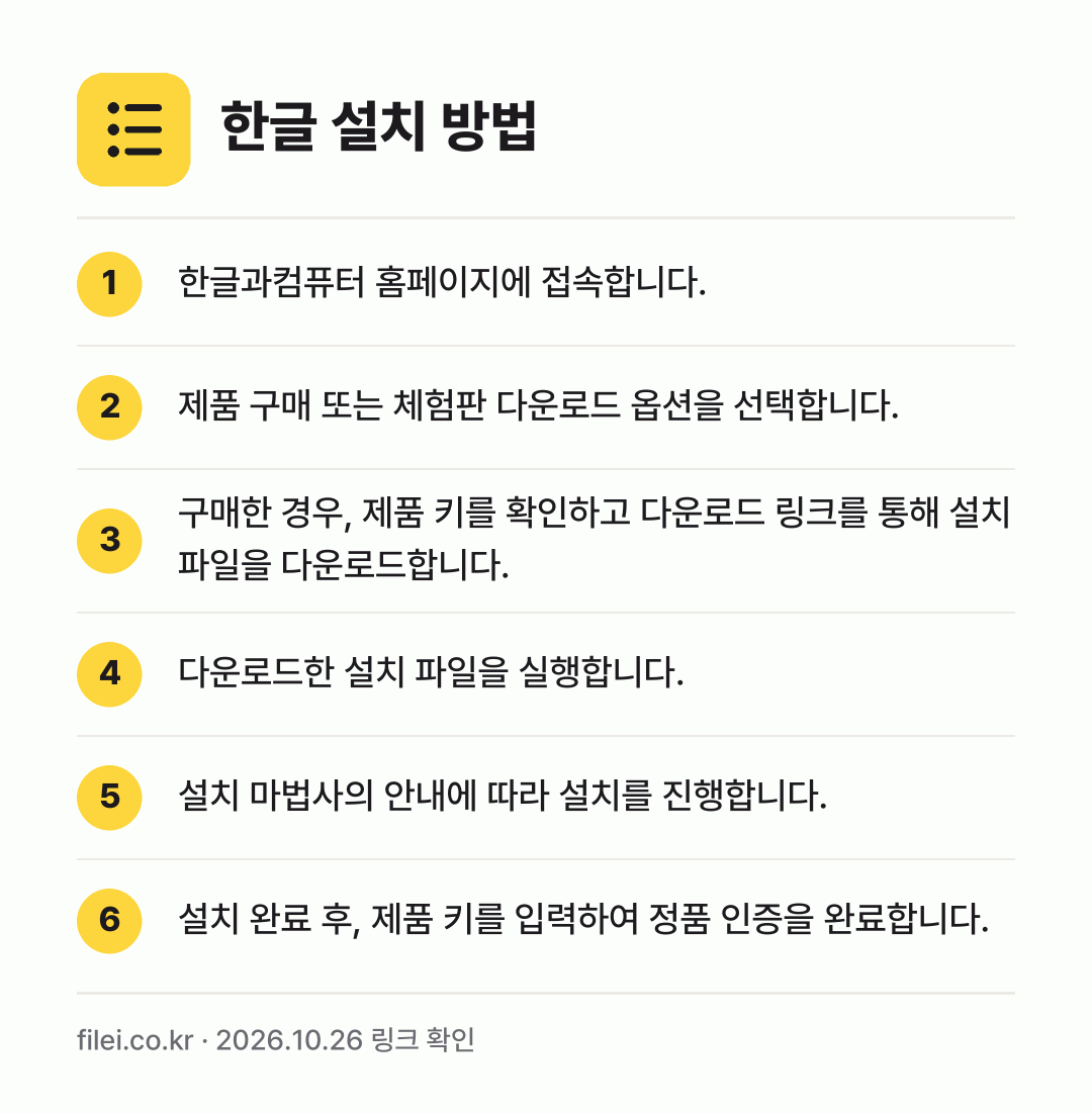 한글 설치 방법: 한글과컴퓨터 홈페이지에 접속합니다. → 제품 구매 또는 체험판 다운로드 옵션을 선… → 구매한 경우, 제품 키를 확인하고 다운로드… → 다운로드한 설치 파일을 실행합니다. → 설치 마법사의 안내에 따라 설치를 진행합니… → 설치 완료 후, 제품 키를 입력하여 정품…