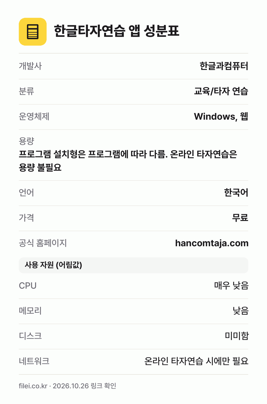 한글타자연습 앱 성분표: 개발사 한글과컴퓨터, 분류 교육/타자 연습, 운영체제 Windows, 웹, 용량 프로그램 설치형은 프로그램에 따라 다름. 온라인 타자연습은 용량 불필요, 언어 한국어