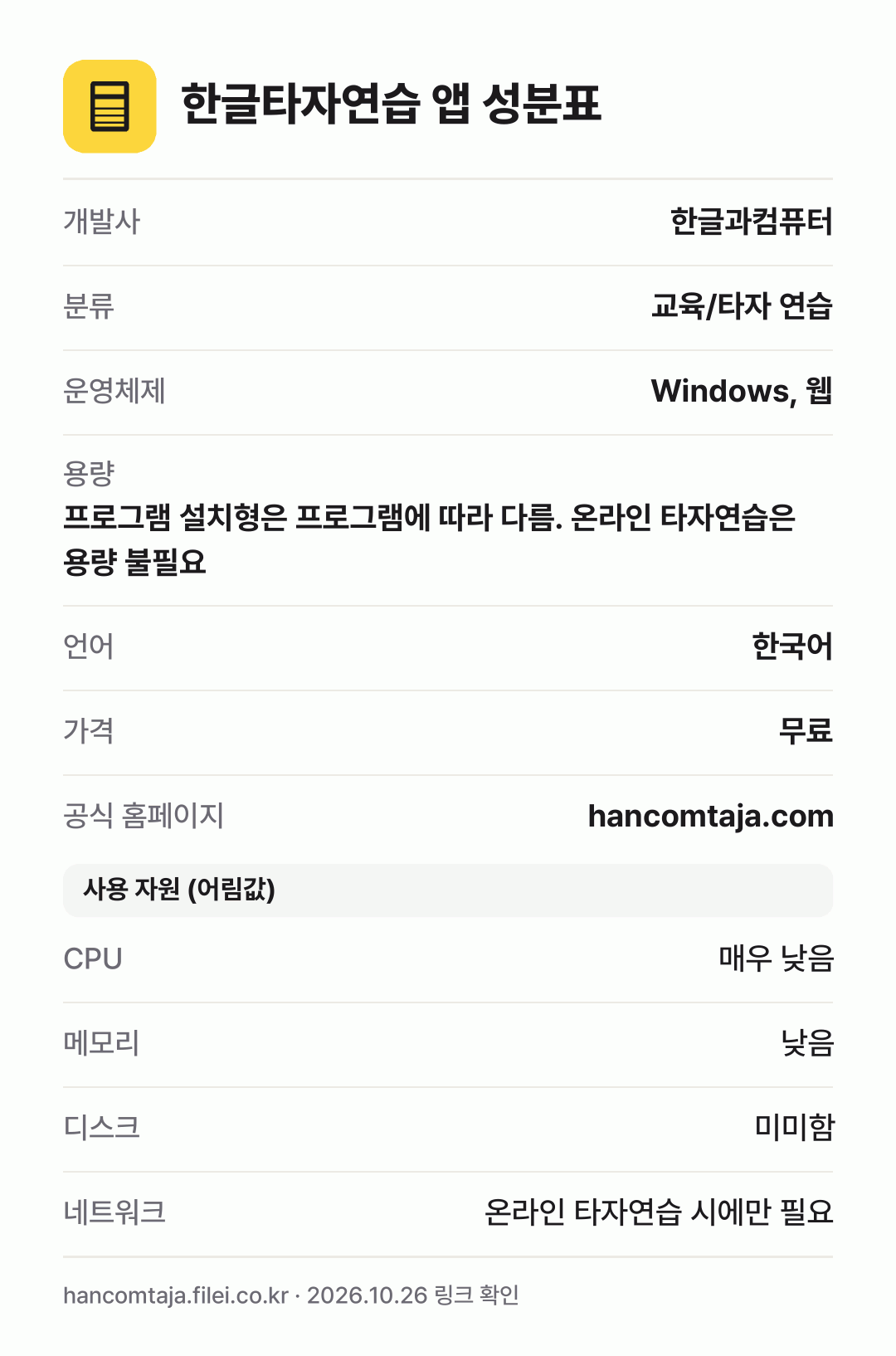 한글타자연습 앱 성분표: 개발사 한글과컴퓨터, 분류 교육/타자 연습, 운영체제 Windows, 웹, 용량 프로그램 설치형은 프로그램에 따라 다름. 온라인 타자연습은 용량 불필요, 언어 한국어