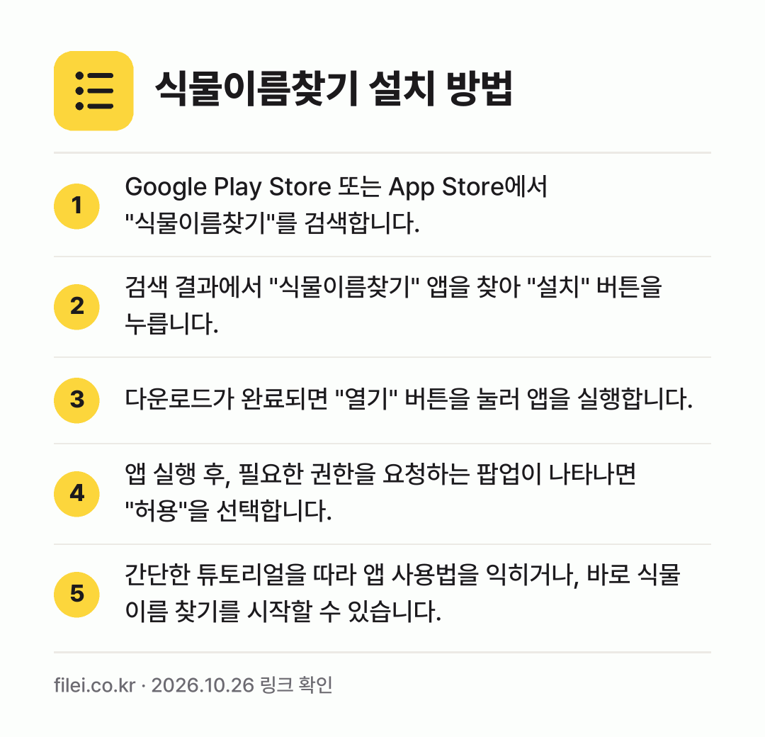 식물이름찾기 설치 방법: Google Play Store 또는 Ap… → 검색 결과에서 "식물이름찾기" 앱을 찾아… → 다운로드가 완료되면 "열기" 버튼을 눌러… → 앱 실행 후, 필요한 권한을 요청하는 팝업… → 간단한 튜토리얼을 따라 앱 사용법을 익히거…