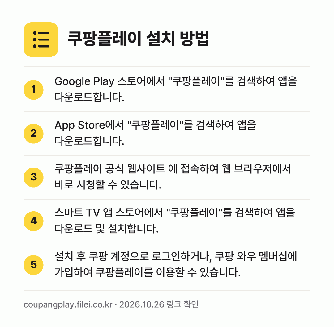 쿠팡플레이 설치 방법: Google Play 스토어에서 "쿠팡플레… → App Store에서 "쿠팡플레이"를 검색… → 쿠팡플레이 공식 웹사이트 에 접속하여 웹… → 스마트 TV 앱 스토어에서 "쿠팡플레이"를… → 설치 후 쿠팡 계정으로 로그인하거나, 쿠팡…
