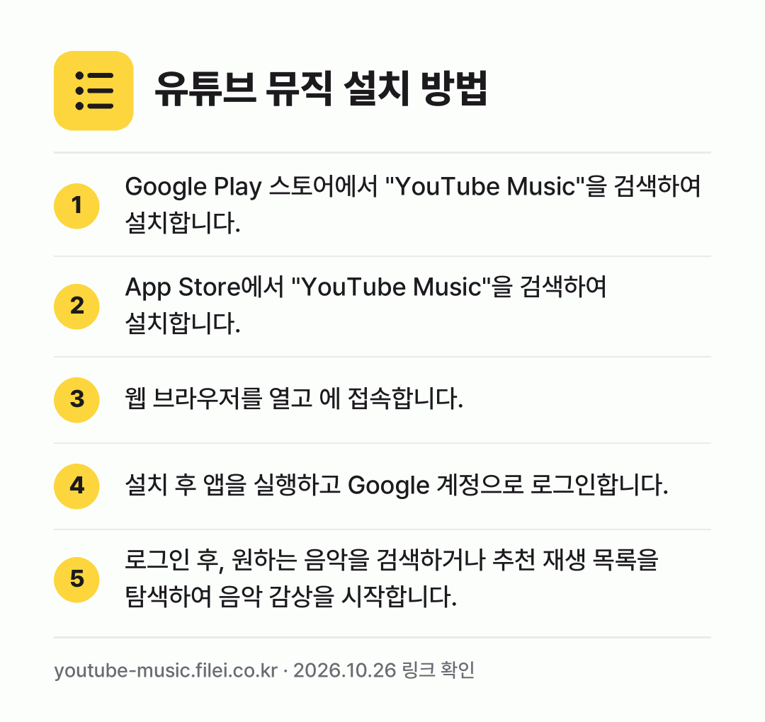 유튜브 뮤직 설치 방법: Google Play 스토어에서 "YouT… → App Store에서 "YouTube Mu… → 웹 브라우저를 열고 에 접속합니다. → 설치 후 앱을 실행하고 Google 계정으… → 로그인 후, 원하는 음악을 검색하거나 추천…