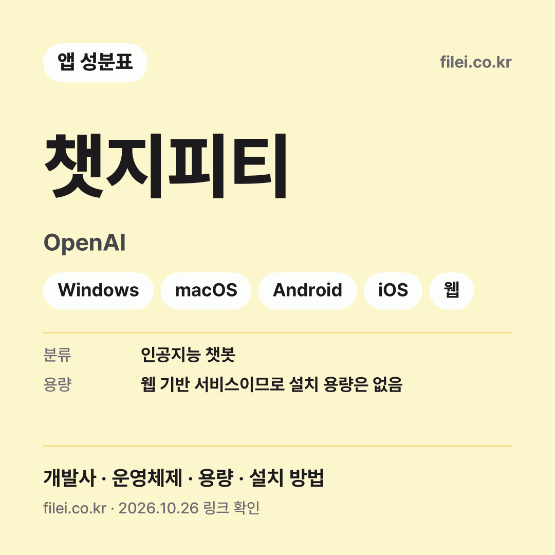 챗지피티 다운로드 · OpenAI · Windows, macOS, Android, iOS, 웹