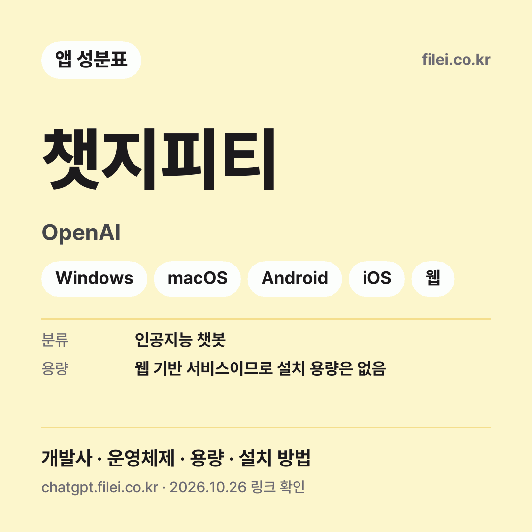 챗지피티 다운로드 · OpenAI · Windows, macOS, Android, iOS, 웹