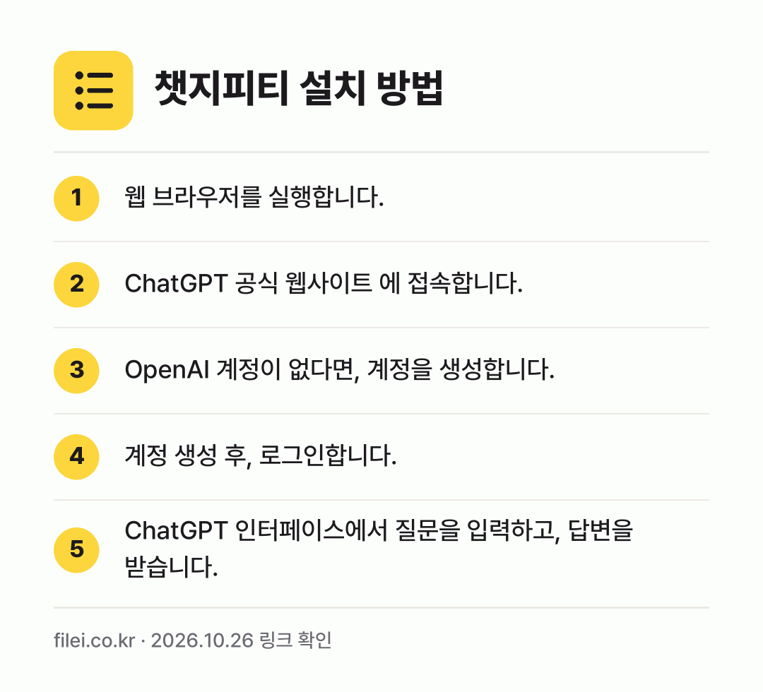 챗지피티 설치 방법: 웹 브라우저를 실행합니다. → ChatGPT 공식 웹사이트 에 접속합니다. → OpenAI 계정이 없다면, 계정을 생성합… → 계정 생성 후, 로그인합니다. → ChatGPT 인터페이스에서 질문을 입력하…