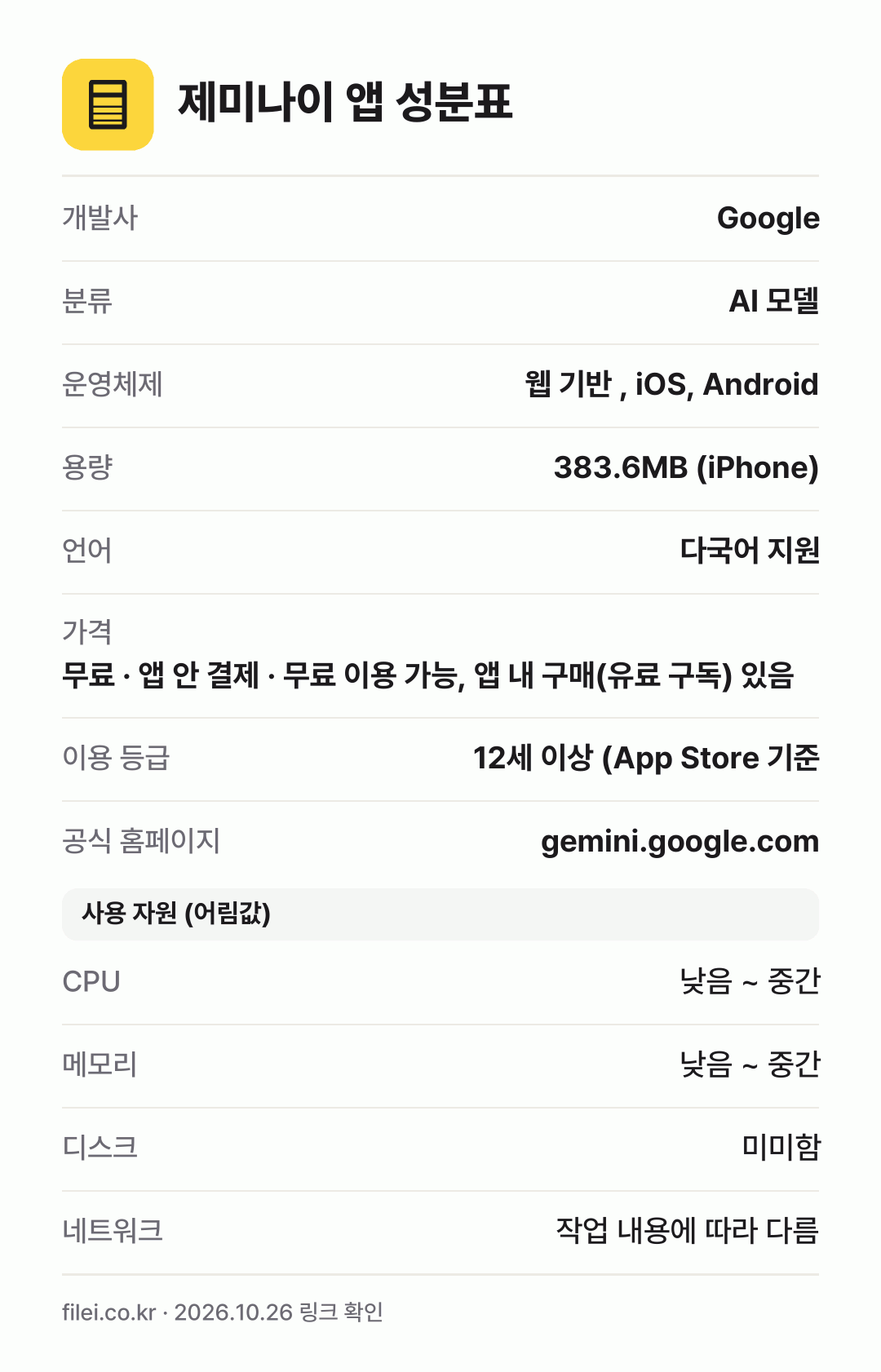 제미나이 앱 성분표: 개발사 Google, 분류 AI 모델, 운영체제 웹 기반 , iOS, Android, 용량 383.6MB (iPhone), 언어 다국어 지원
