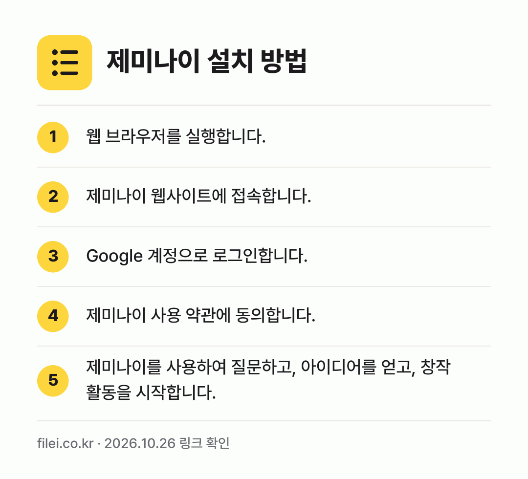 제미나이 설치 방법: 웹 브라우저를 실행합니다. → 제미나이 웹사이트에 접속합니다. → Google 계정으로 로그인합니다. → 제미나이 사용 약관에 동의합니다. → 제미나이를 사용하여 질문하고, 아이디어를…