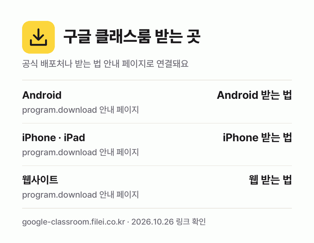 구글 클래스룸 받는 곳: Android, iPhone · iPad, 웹사이트