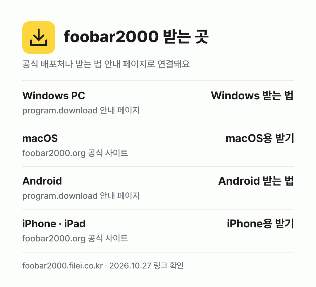 foobar2000 받는 곳: Windows PC, macOS, Android, iPhone · iPad