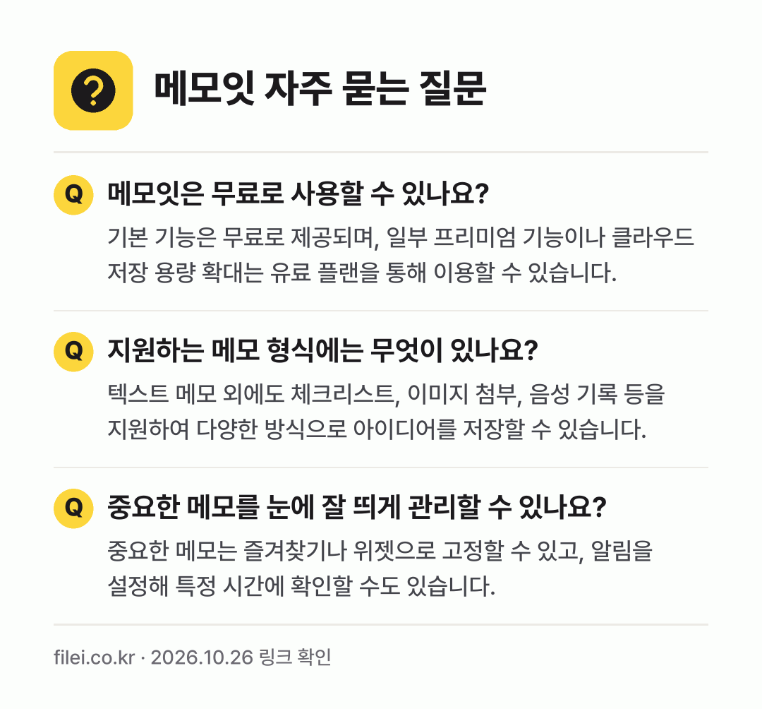메모잇 자주 묻는 질문: 메모잇은 무료로 사용할 수 있나요? / 지원하는 메모 형식에는 무엇이 있나요? / 중요한 메모를 눈에 잘 띄게 관리할 수 있나요?