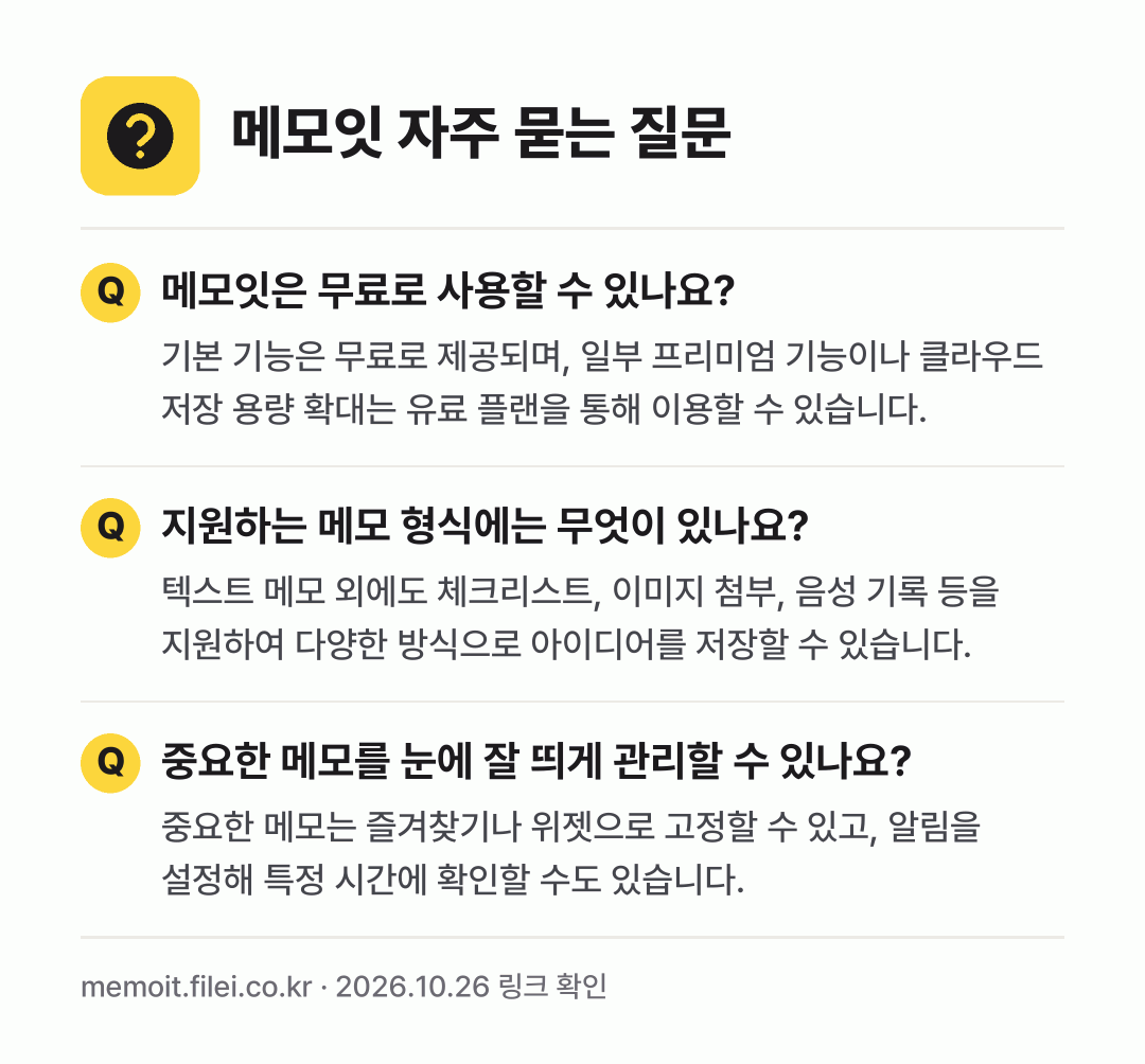 메모잇 자주 묻는 질문: 메모잇은 무료로 사용할 수 있나요? / 지원하는 메모 형식에는 무엇이 있나요? / 중요한 메모를 눈에 잘 띄게 관리할 수 있나요?