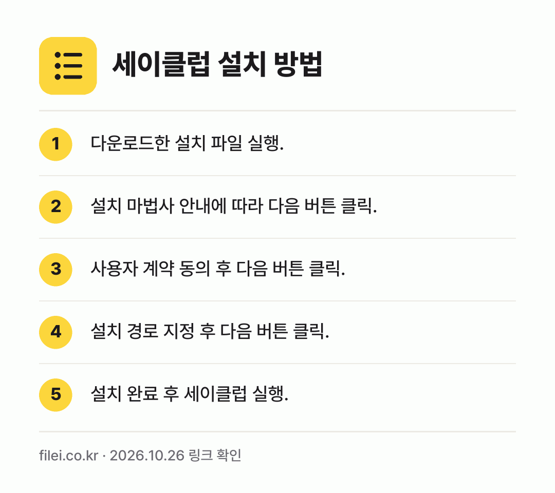 세이클럽 설치 방법: 다운로드한 설치 파일 실행. → 설치 마법사 안내에 따라 다음 버튼 클릭. → 사용자 계약 동의 후 다음 버튼 클릭. → 설치 경로 지정 후 다음 버튼 클릭. → 설치 완료 후 세이클럽 실행.