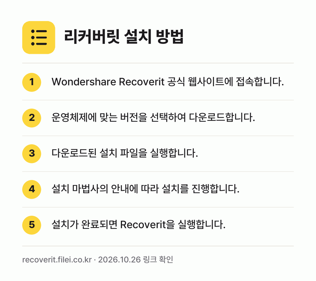 리커버릿 설치 방법: Wondershare Recoverit 공… → 운영체제에 맞는 버전을 선택하여 다운로드합… → 다운로드된 설치 파일을 실행합니다. → 설치 마법사의 안내에 따라 설치를 진행합니… → 설치가 완료되면 Recoverit을 실행합…