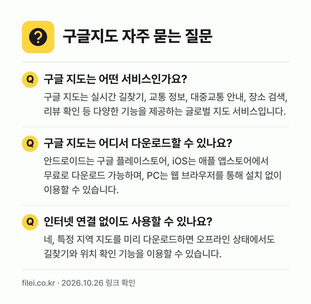 구글지도 자주 묻는 질문: 구글 지도는 어떤 서비스인가요? / 구글 지도는 어디서 다운로드할 수 있나요? / 인터넷 연결 없이도 사용할 수 있나요?
