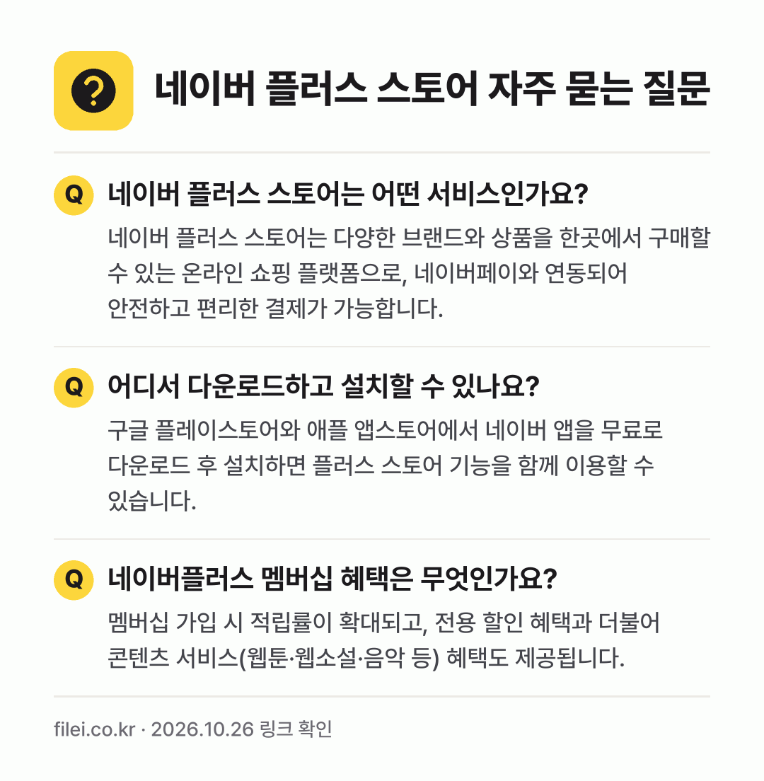 네이버 플러스 스토어 자주 묻는 질문: 네이버 플러스 스토어는 어떤 서비스인가요? / 어디서 다운로드하고 설치할 수 있나요? / 네이버플러스 멤버십 혜택은 무엇인가요?