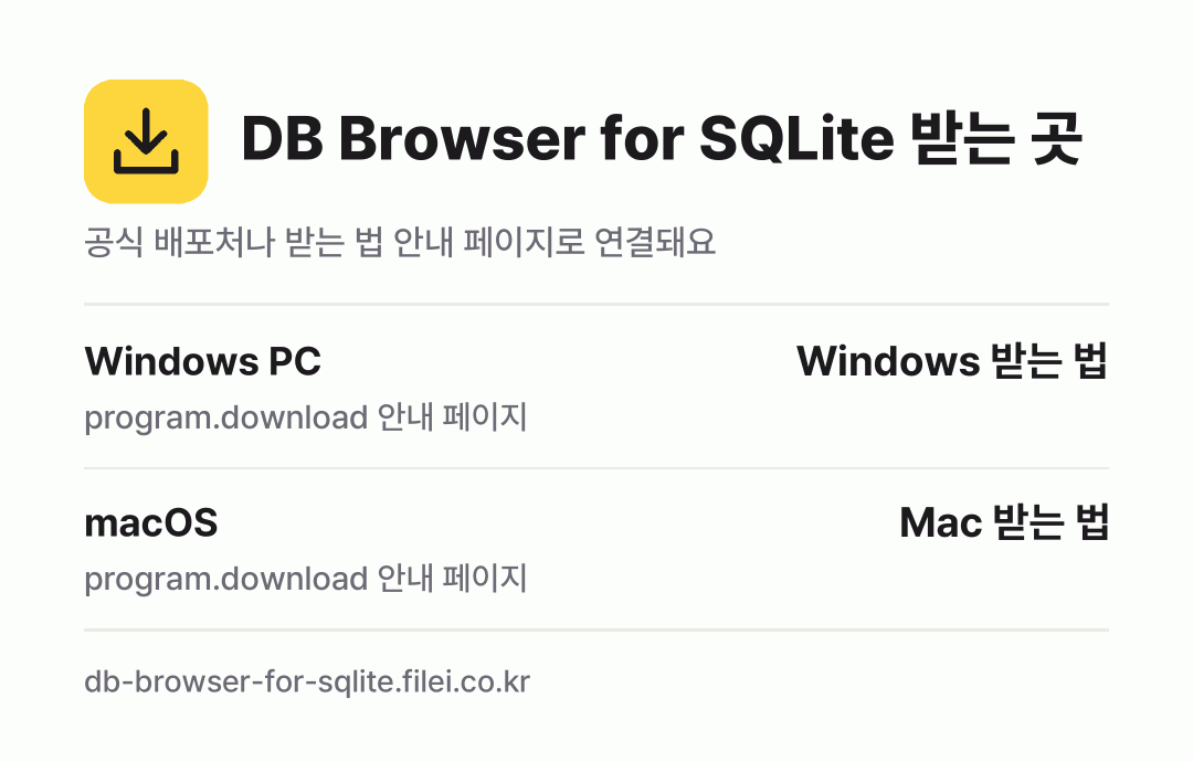 DB Browser for SQLite 받는 곳: Windows PC, macOS