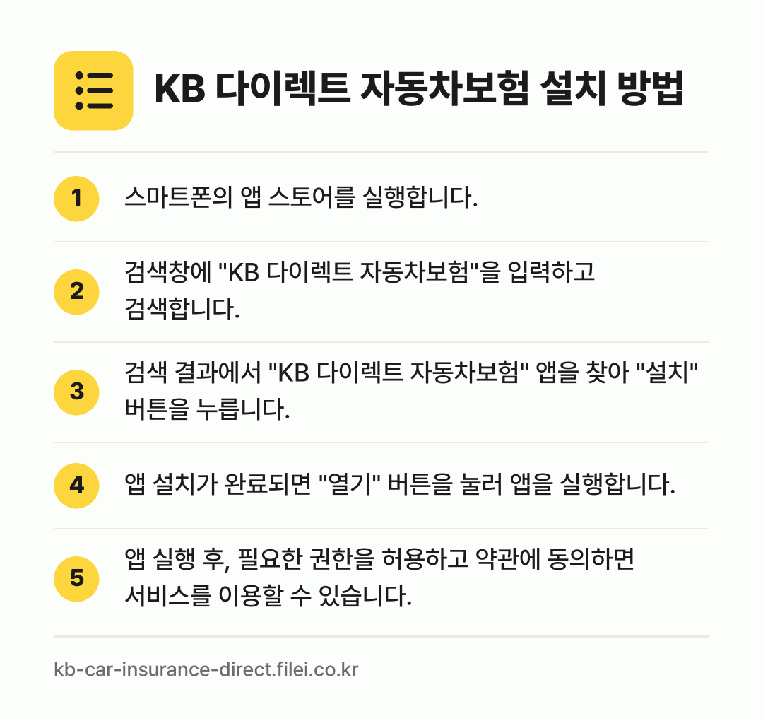 KB 다이렉트 자동차보험 설치 방법: 스마트폰의 앱 스토어를 실행합니다. → 검색창에 "KB 다이렉트 자동차보험"을 입… → 검색 결과에서 "KB 다이렉트 자동차보험"… → 앱 설치가 완료되면 "열기" 버튼을 눌러… → 앱 실행 후, 필요한 권한을 허용하고 약관…