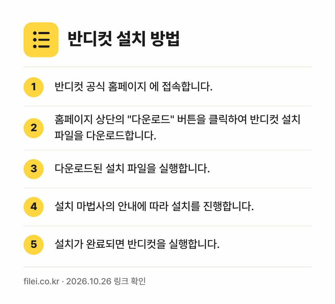 반디컷 설치 방법: 반디컷 공식 홈페이지 에 접속합니다. → 홈페이지 상단의 "다운로드" 버튼을 클릭하… → 다운로드된 설치 파일을 실행합니다. → 설치 마법사의 안내에 따라 설치를 진행합니… → 설치가 완료되면 반디컷을 실행합니다.
