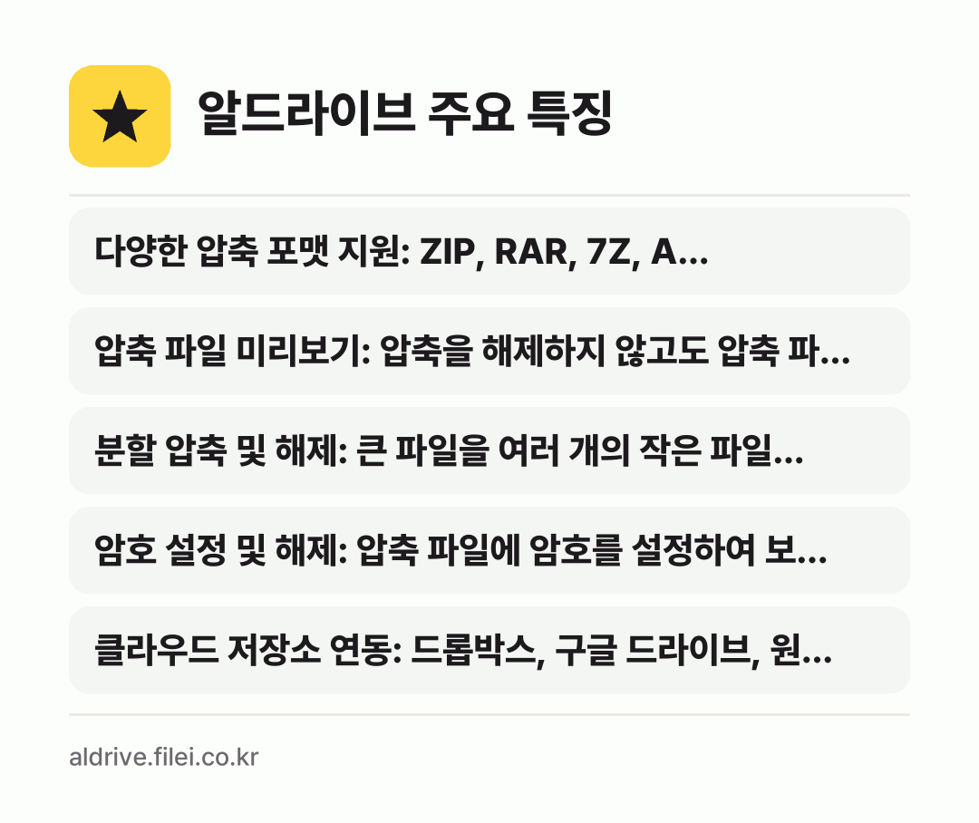 알드라이브 주요 특징: 다양한 압축 포맷 지원: ZIP, RAR, 7Z, A…, 압축 파일 미리보기: 압축을 해제하지 않고도 압축 파…, 분할 압축 및 해제: 큰 파일을 여러 개의 작은 파일…, 암호 설정 및 해제: 압축 파일에 암호를 설정하여 보…, 클라우드 저장소 연동: 드롭박스, 구글 드라이브, 원…