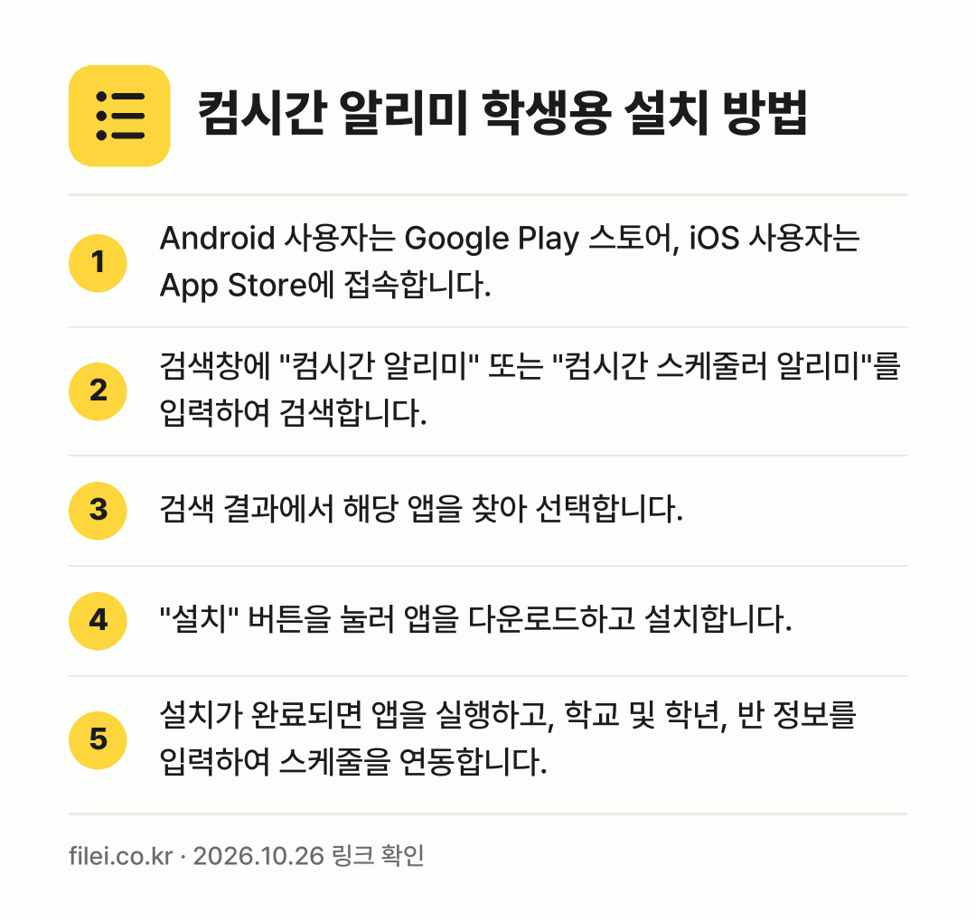 컴시간 알리미 학생용 설치 방법: Android 사용자는 Google Pla… → 검색창에 "컴시간 알리미" 또는 "컴시간… → 검색 결과에서 해당 앱을 찾아 선택합니다. → "설치" 버튼을 눌러 앱을 다운로드하고 설… → 설치가 완료되면 앱을 실행하고, 학교 및…