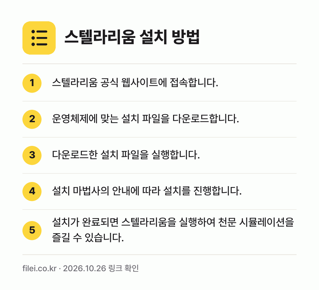 스텔라리움 설치 방법: 스텔라리움 공식 웹사이트에 접속합니다. → 운영체제에 맞는 설치 파일을 다운로드합니다. → 다운로드한 설치 파일을 실행합니다. → 설치 마법사의 안내에 따라 설치를 진행합니… → 설치가 완료되면 스텔라리움을 실행하여 천문…