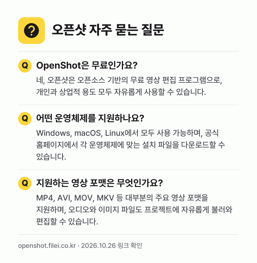 오픈샷 자주 묻는 질문: OpenShot은 무료인가요? / 어떤 운영체제를 지원하나요? / 지원하는 영상 포맷은 무엇인가요?