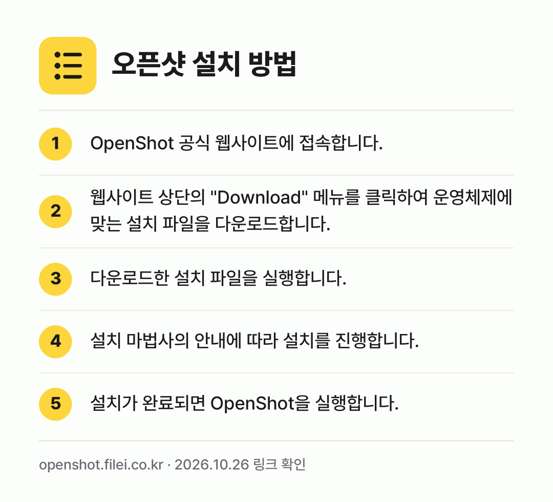 오픈샷 설치 방법: OpenShot 공식 웹사이트에 접속합니다. → 웹사이트 상단의 "Download" 메뉴를… → 다운로드한 설치 파일을 실행합니다. → 설치 마법사의 안내에 따라 설치를 진행합니… → 설치가 완료되면 OpenShot을 실행합니…