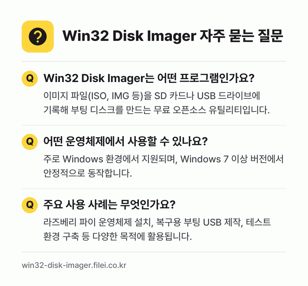 Win32 Disk Imager 자주 묻는 질문: Win32 Disk Imager는 어떤 프로그램인가요? / 어떤 운영체제에서 사용할 수 있나요? / 주요 사용 사례는 무엇인가요?