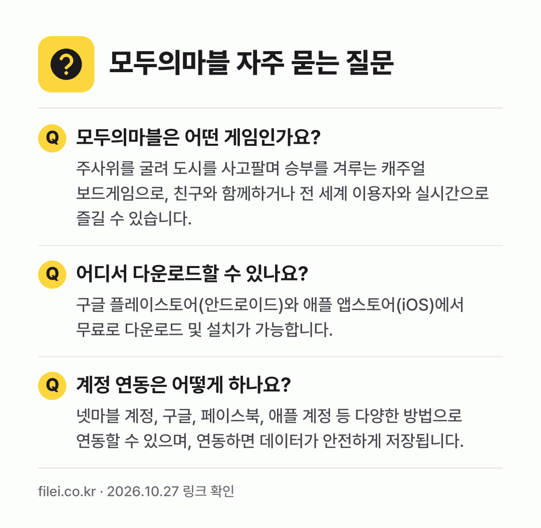 모두의마블 자주 묻는 질문: 모두의마블은 어떤 게임인가요? / 어디서 다운로드할 수 있나요? / 계정 연동은 어떻게 하나요?