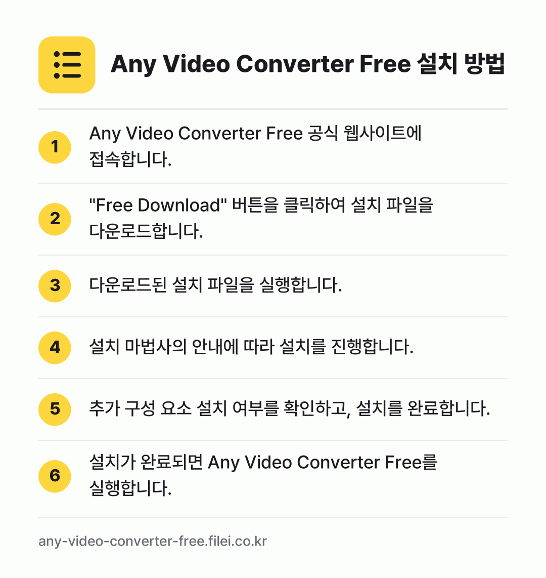 Any Video Converter Free 설치 방법: Any Video Converter Fre… → "Free Download" 버튼을 클릭하… → 다운로드된 설치 파일을 실행합니다. → 설치 마법사의 안내에 따라 설치를 진행합니… → 추가 구성 요소 설치 여부를 확인하고, 설… → 설치가 완료되면 Any Video Conv…