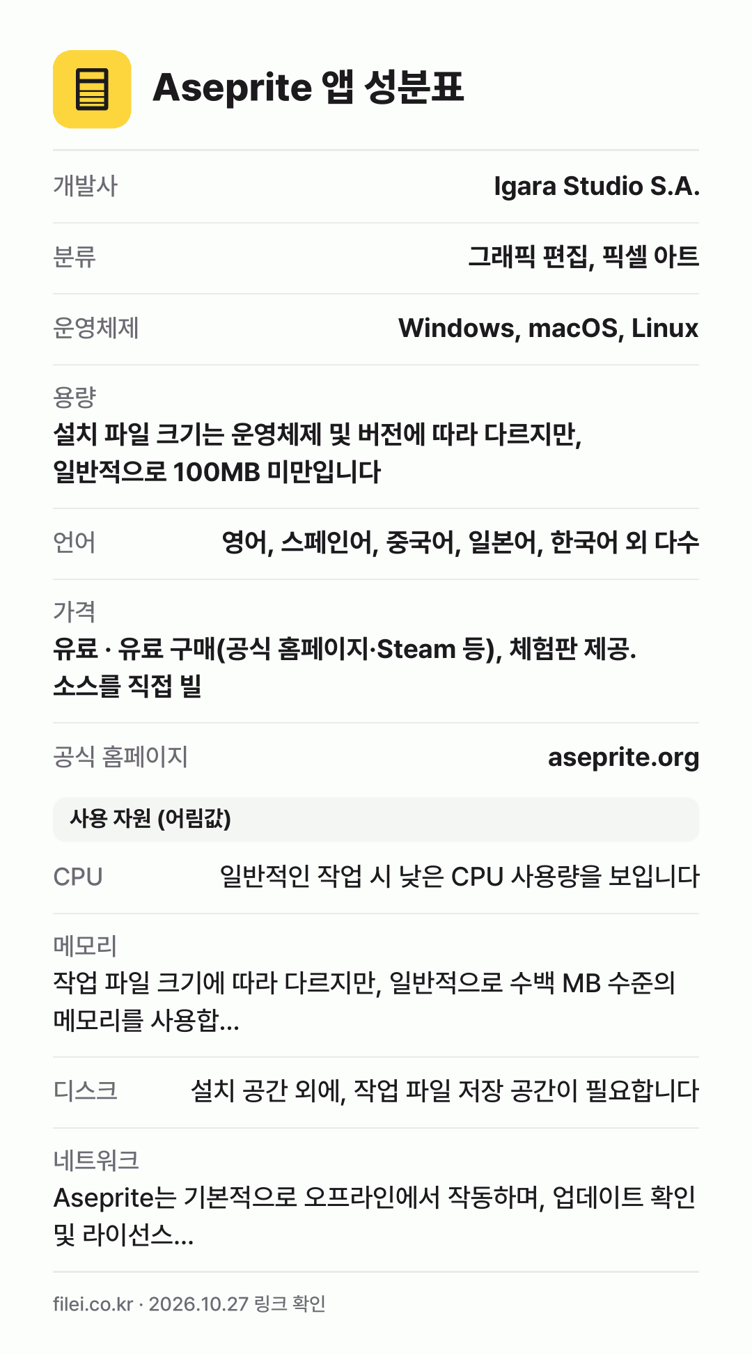 Aseprite 앱 성분표: 개발사 Igara Studio S.A., 분류 그래픽 편집, 픽셀 아트, 운영체제 Windows, macOS, Linux, 용량 설치 파일 크기는 운영체제 및 버전에 따라 다르지만, 일반적으로 100MB 미만입니다, 언어 영어, 스페인어, 중국어, 일본어, 한국어 외 다수
