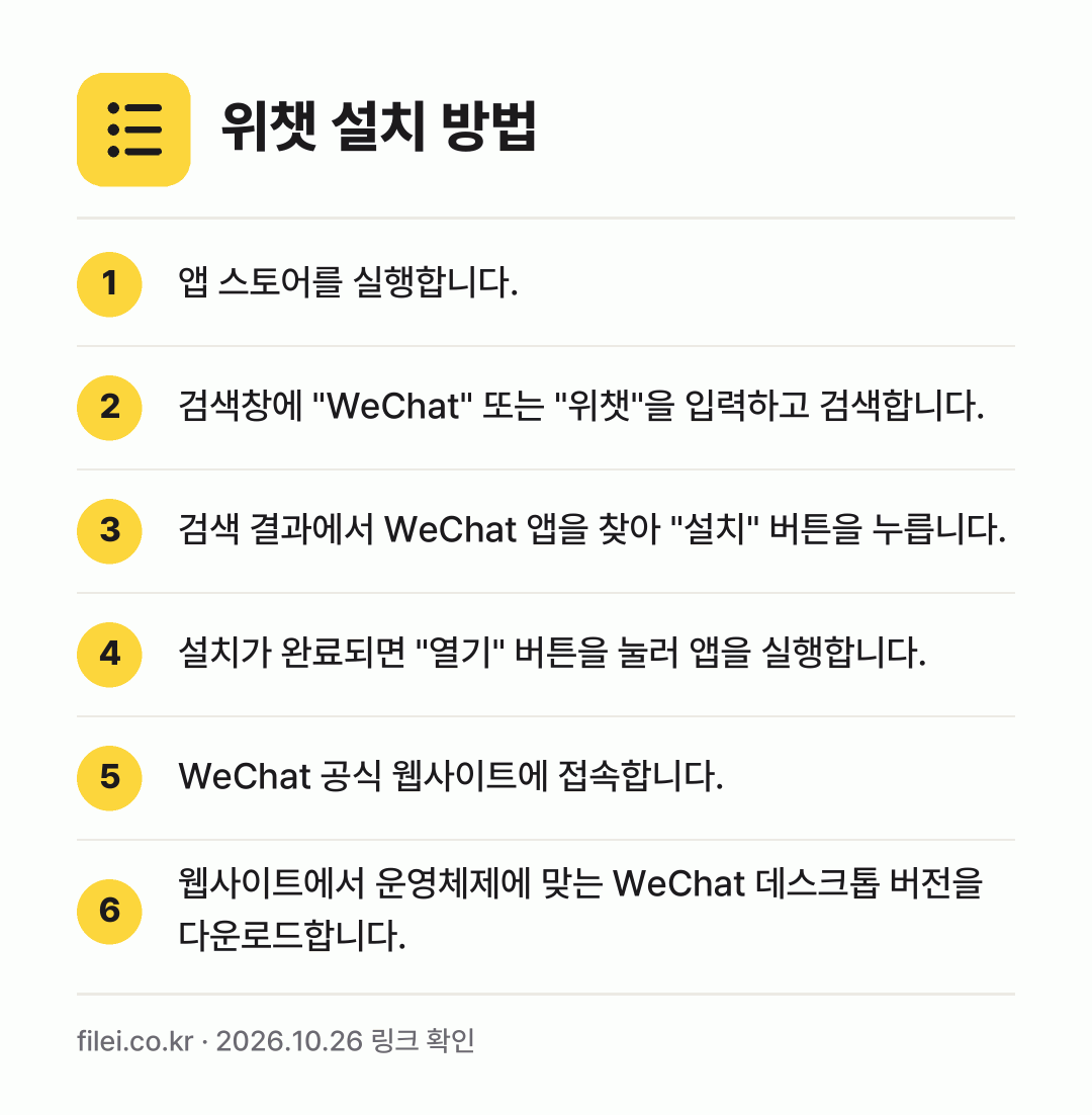 위챗 설치 방법: 앱 스토어를 실행합니다. → 검색창에 "WeChat" 또는 "위챗"을… → 검색 결과에서 WeChat 앱을 찾아 "설… → 설치가 완료되면 "열기" 버튼을 눌러 앱을… → WeChat 공식 웹사이트에 접속합니다. → 웹사이트에서 운영체제에 맞는 WeChat…