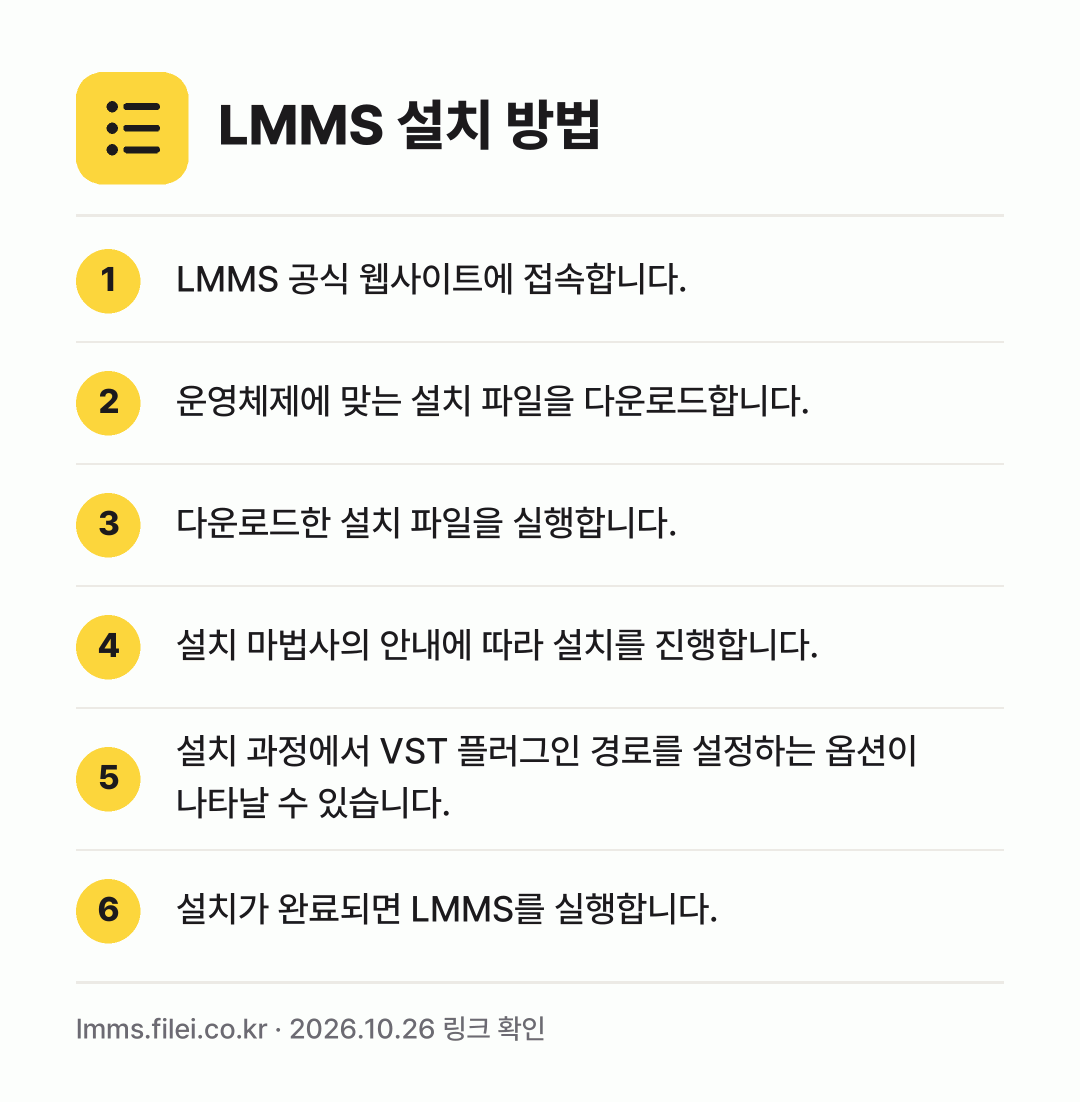 LMMS 설치 방법: LMMS 공식 웹사이트에 접속합니다. → 운영체제에 맞는 설치 파일을 다운로드합니다. → 다운로드한 설치 파일을 실행합니다. → 설치 마법사의 안내에 따라 설치를 진행합니… → 설치 과정에서 VST 플러그인 경로를 설정… → 설치가 완료되면 LMMS를 실행합니다.