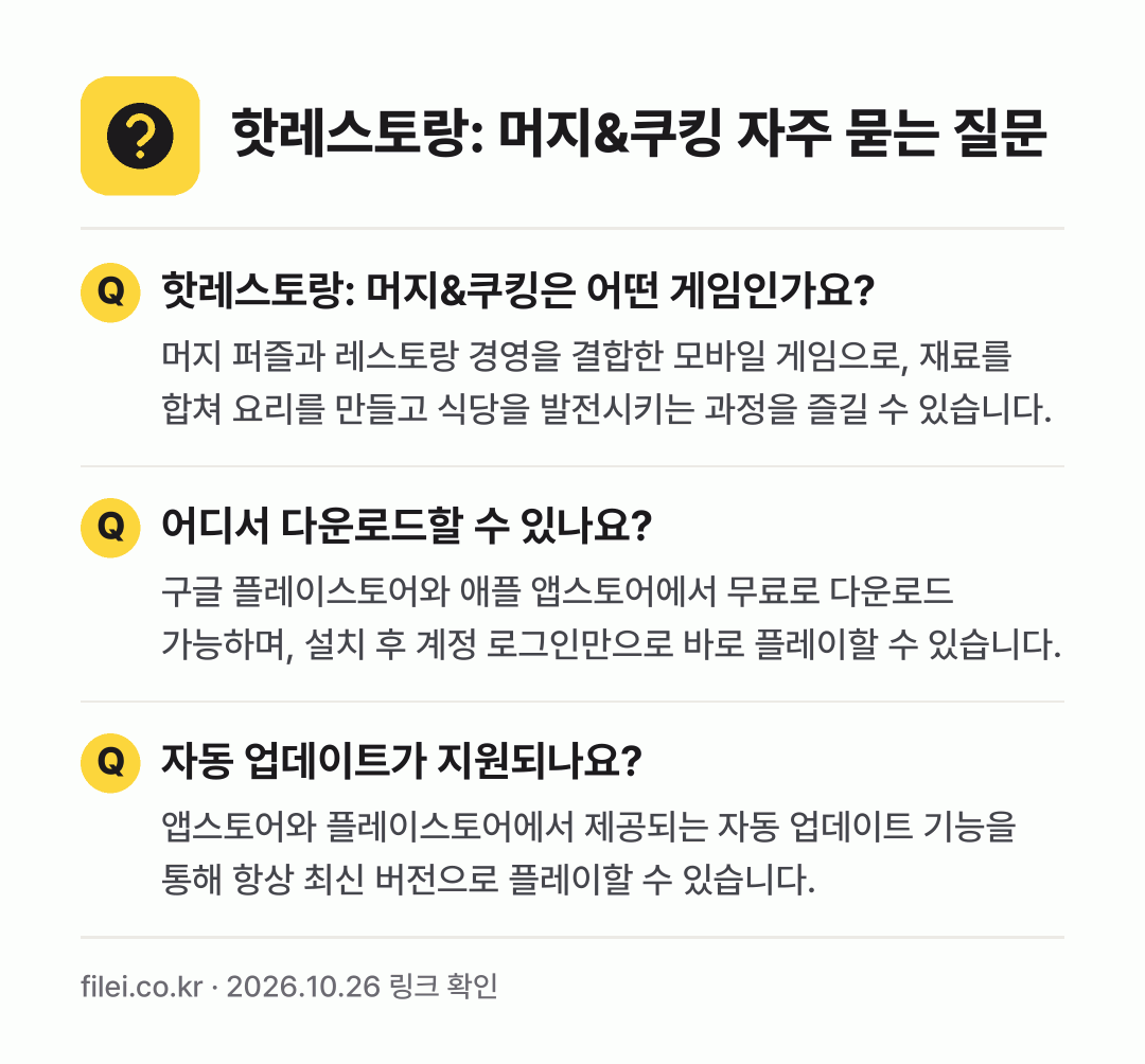 핫레스토랑: 머지&쿠킹 자주 묻는 질문: 핫레스토랑: 머지&쿠킹은 어떤 게임인가요? / 어디서 다운로드할 수 있나요? / 자동 업데이트가 지원되나요?
