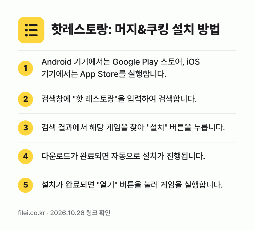 핫레스토랑: 머지&쿠킹 설치 방법: Android 기기에서는 Google Pl… → 검색창에 "핫 레스토랑"을 입력하여 검색합… → 검색 결과에서 해당 게임을 찾아 "설치"… → 다운로드가 완료되면 자동으로 설치가 진행됩… → 설치가 완료되면 "열기" 버튼을 눌러 게임…