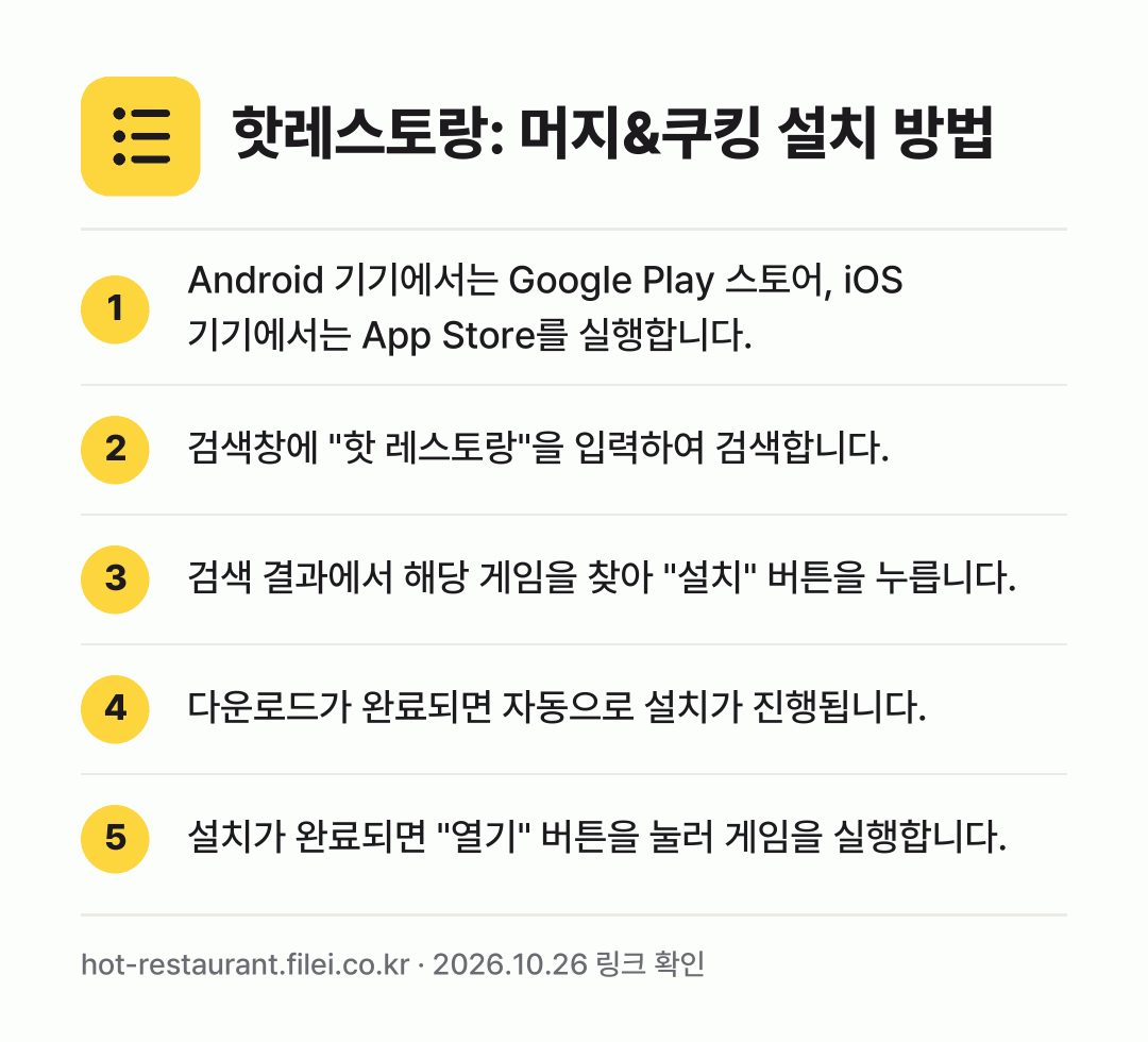 핫레스토랑: 머지&쿠킹 설치 방법: Android 기기에서는 Google Pl… → 검색창에 "핫 레스토랑"을 입력하여 검색합… → 검색 결과에서 해당 게임을 찾아 "설치"… → 다운로드가 완료되면 자동으로 설치가 진행됩… → 설치가 완료되면 "열기" 버튼을 눌러 게임…