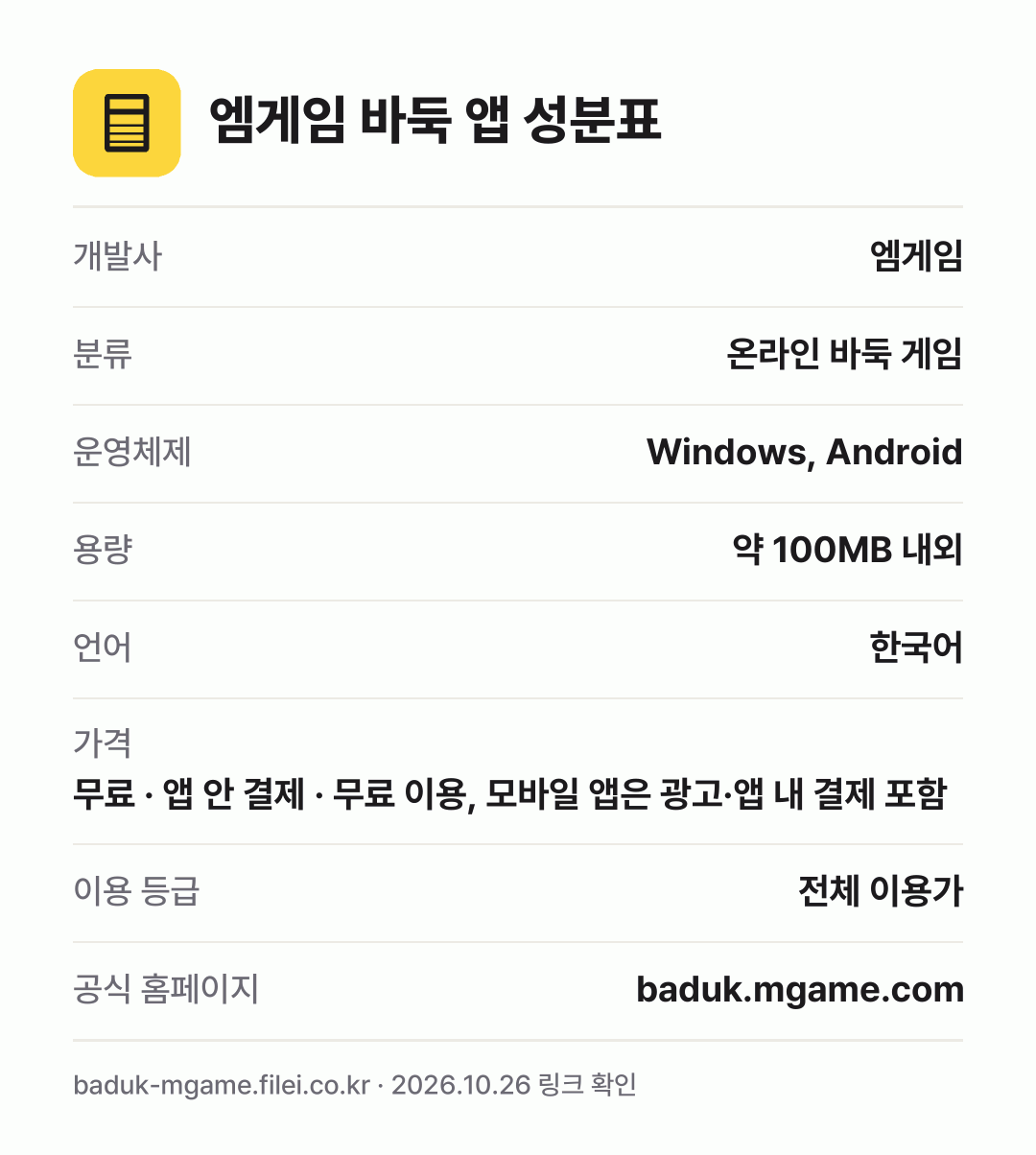 엠게임 바둑 앱 성분표: 개발사 엠게임, 분류 온라인 바둑 게임, 운영체제 Windows, Android, 용량 약 100MB 내외, 언어 한국어