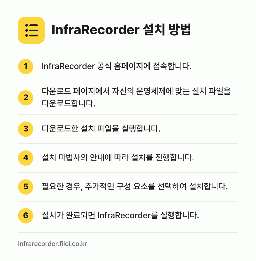 InfraRecorder 설치 방법: InfraRecorder 공식 홈페이지에… → 다운로드 페이지에서 자신의 운영체제에 맞는… → 다운로드한 설치 파일을 실행합니다. → 설치 마법사의 안내에 따라 설치를 진행합니… → 필요한 경우, 추가적인 구성 요소를 선택하… → 설치가 완료되면 InfraRecorder를…
