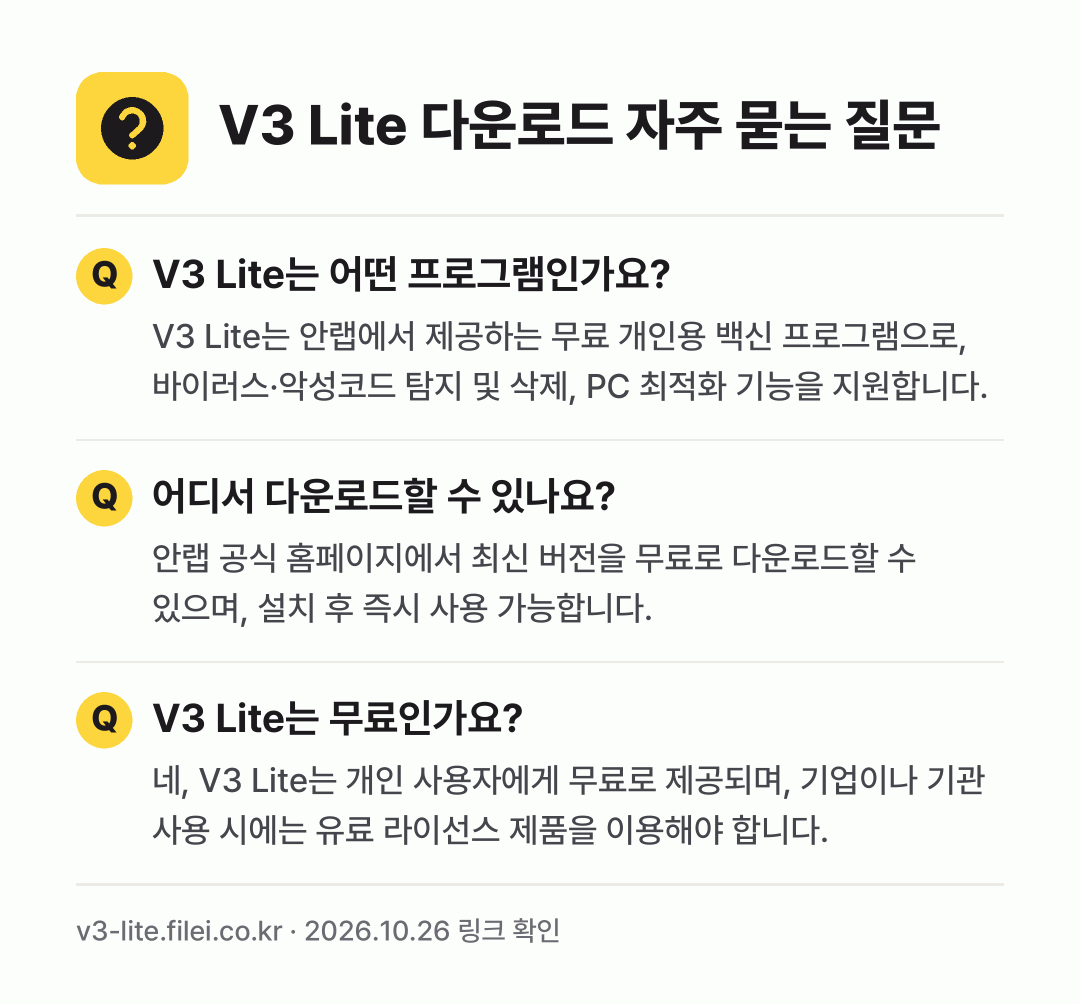 V3 Lite 다운로드 자주 묻는 질문: V3 Lite는 어떤 프로그램인가요? / 어디서 다운로드할 수 있나요? / V3 Lite는 무료인가요?