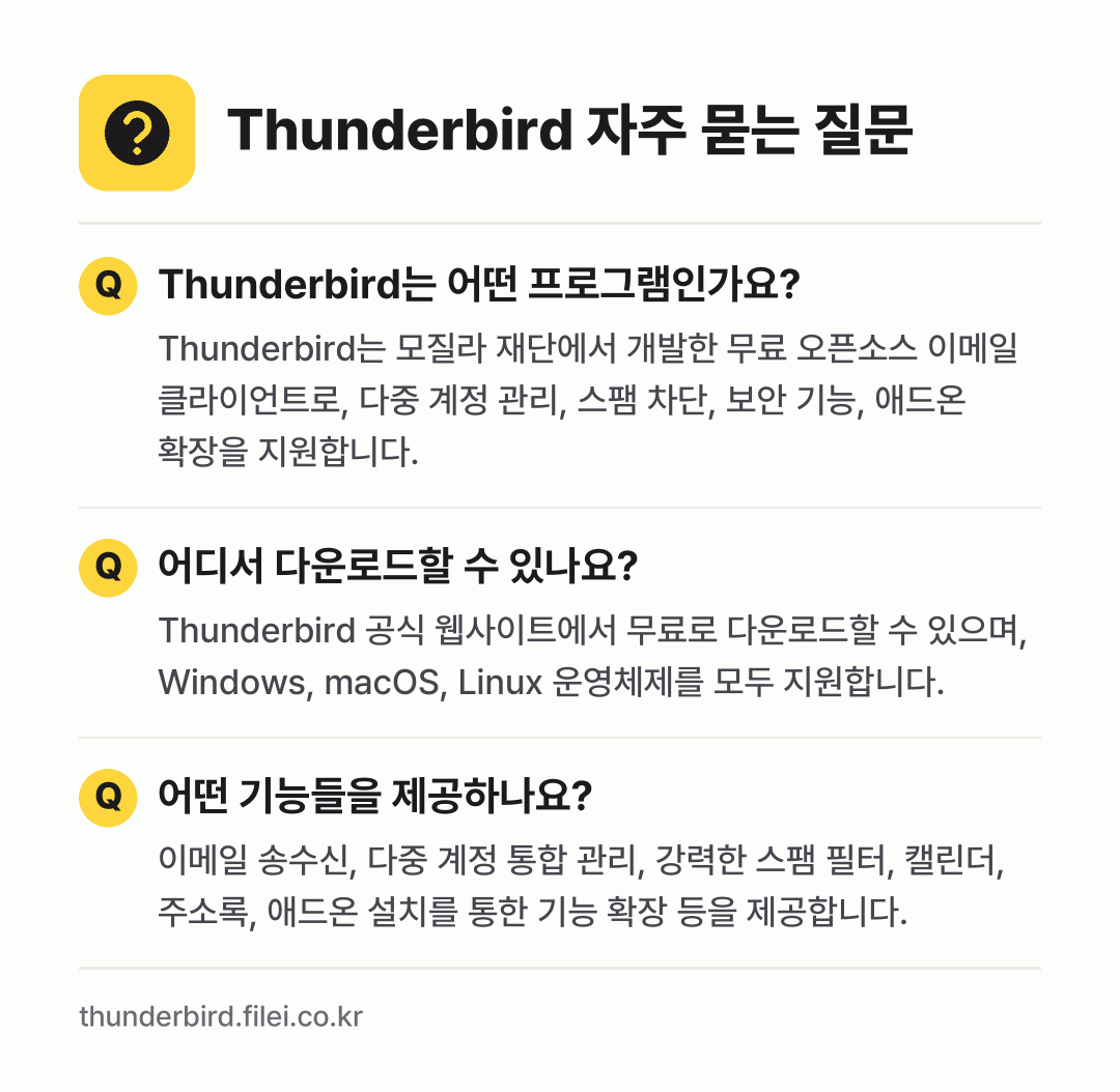 Thunderbird 자주 묻는 질문: Thunderbird는 어떤 프로그램인가요? / 어디서 다운로드할 수 있나요? / 어떤 기능들을 제공하나요?