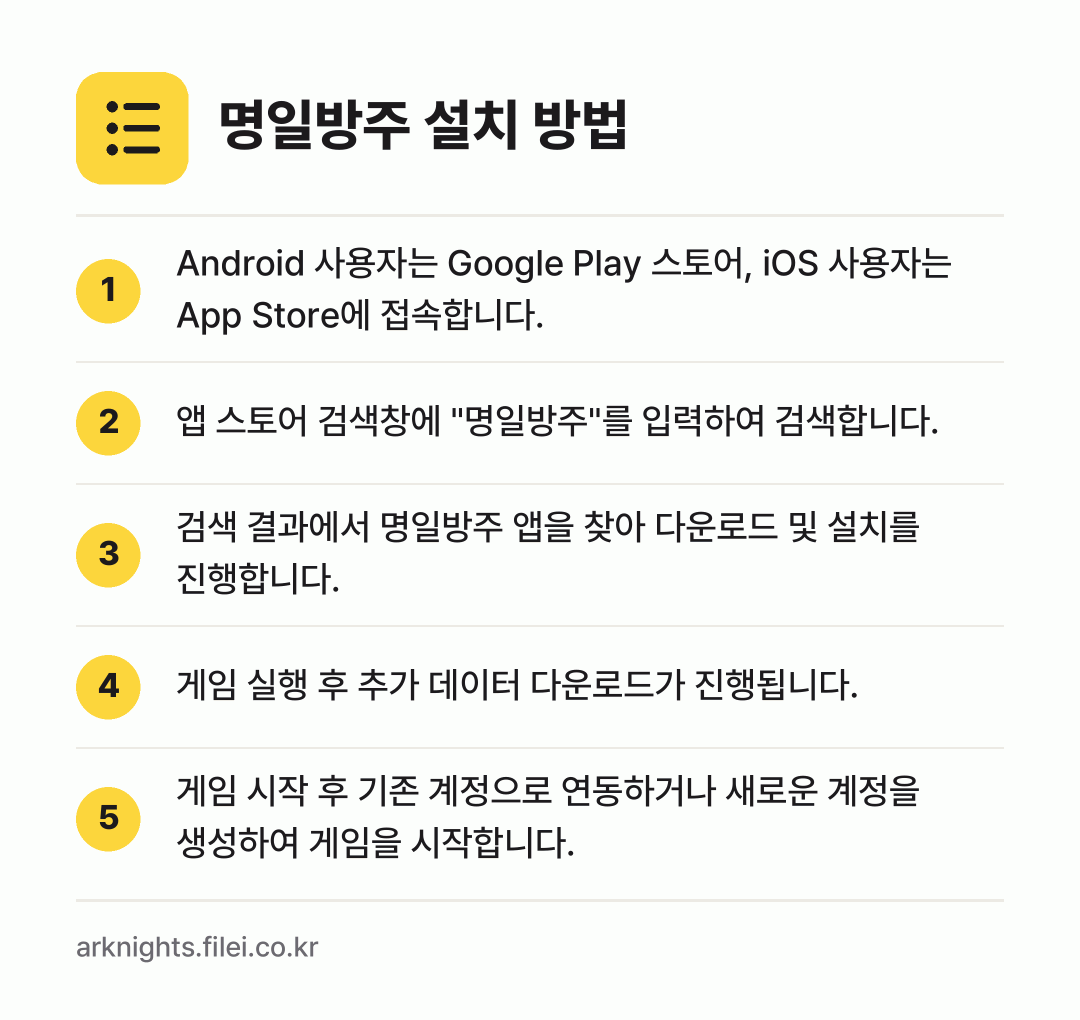 명일방주 설치 방법: Android 사용자는 Google Pla… → 앱 스토어 검색창에 "명일방주"를 입력하여… → 검색 결과에서 명일방주 앱을 찾아 다운로드… → 게임 실행 후 추가 데이터 다운로드가 진행… → 게임 시작 후 기존 계정으로 연동하거나 새…