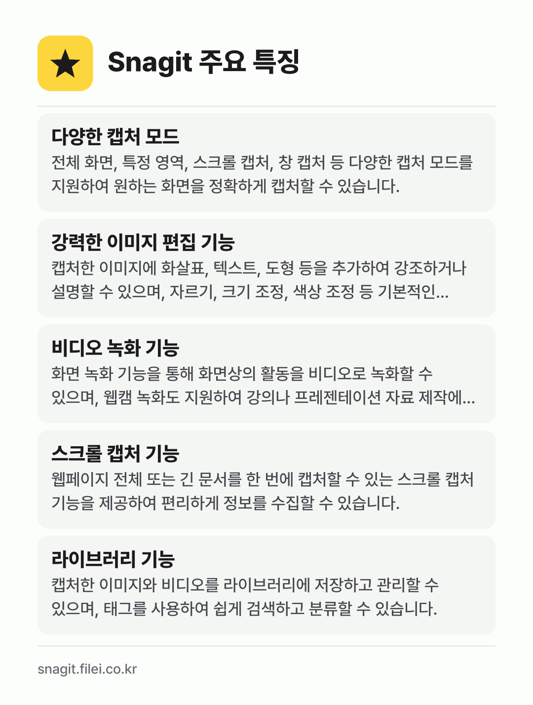 Snagit 주요 특징: 다양한 캡처 모드, 강력한 이미지 편집 기능, 비디오 녹화 기능, 스크롤 캡처 기능, 라이브러리 기능