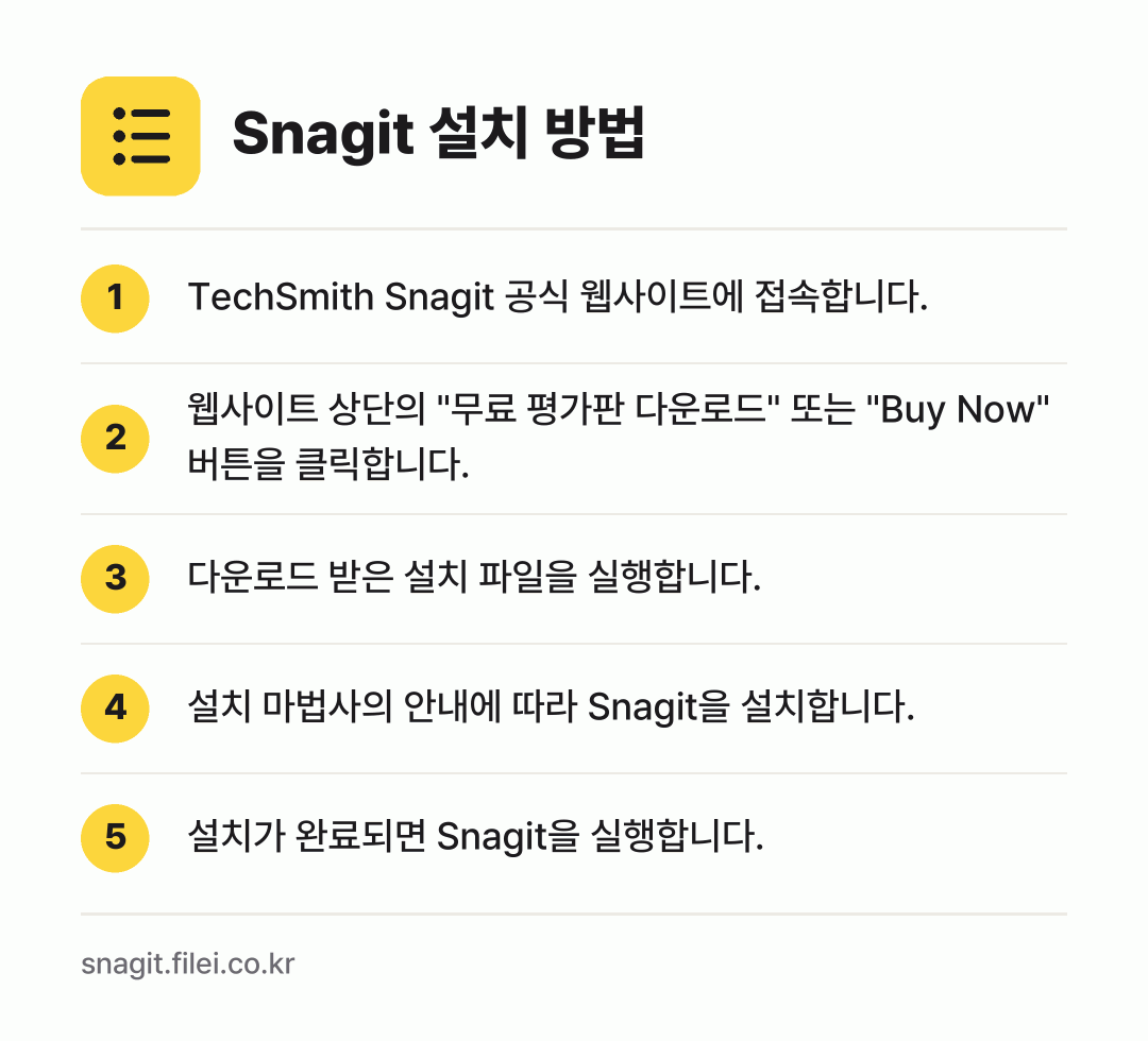 Snagit 설치 방법: TechSmith Snagit 공식 웹사이… → 웹사이트 상단의 "무료 평가판 다운로드"… → 다운로드 받은 설치 파일을 실행합니다. → 설치 마법사의 안내에 따라 Snagit을… → 설치가 완료되면 Snagit을 실행합니다.